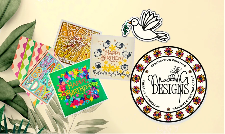 Five handmade greeting cards: a Happy Birthday paper flower wreath, Happy Birthday shaker letters, Peace on Earth, Happy Birthday sheep and stars, and Safari Africa