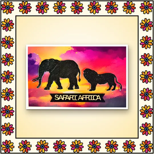 Handmade greeting card: Safari Africa: elephant and lion silhouettes at sunset