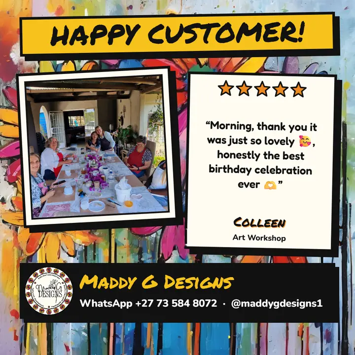 Happy customer Colleen: Art Workshop. Five stars. A birthday celebration at one of our workshops.