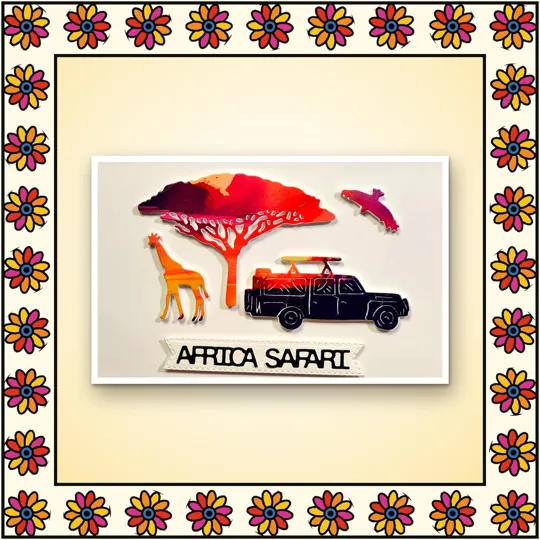 Handmade greeting card: Africa Safari: safari jeep, giraffe and acacia tree