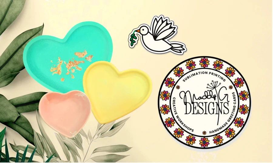 Gypsum heart-shaped trinket dishes in turquoise, yellow and pink
