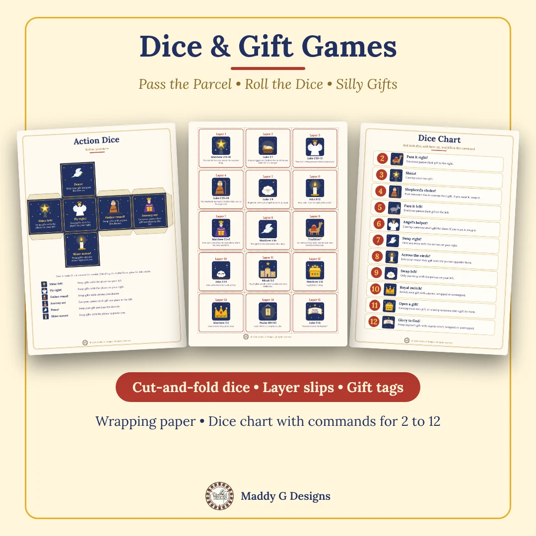 Cut-and-fold dice, pass the parcel layer slips and dice chart
