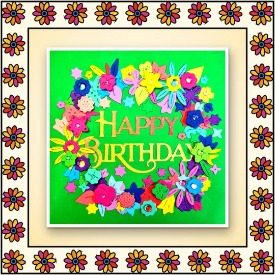 Handmade greeting card: Happy Birthday: paper flower wreath