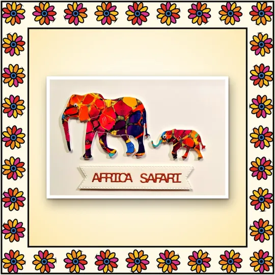 Handmade greeting card: Africa Safari: patchwork elephant with her calf