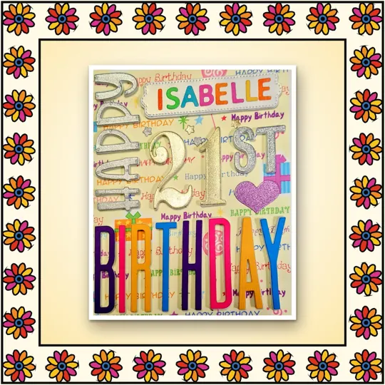 Handmade greeting card: Personalised 21st Birthday: tall lettering with a name