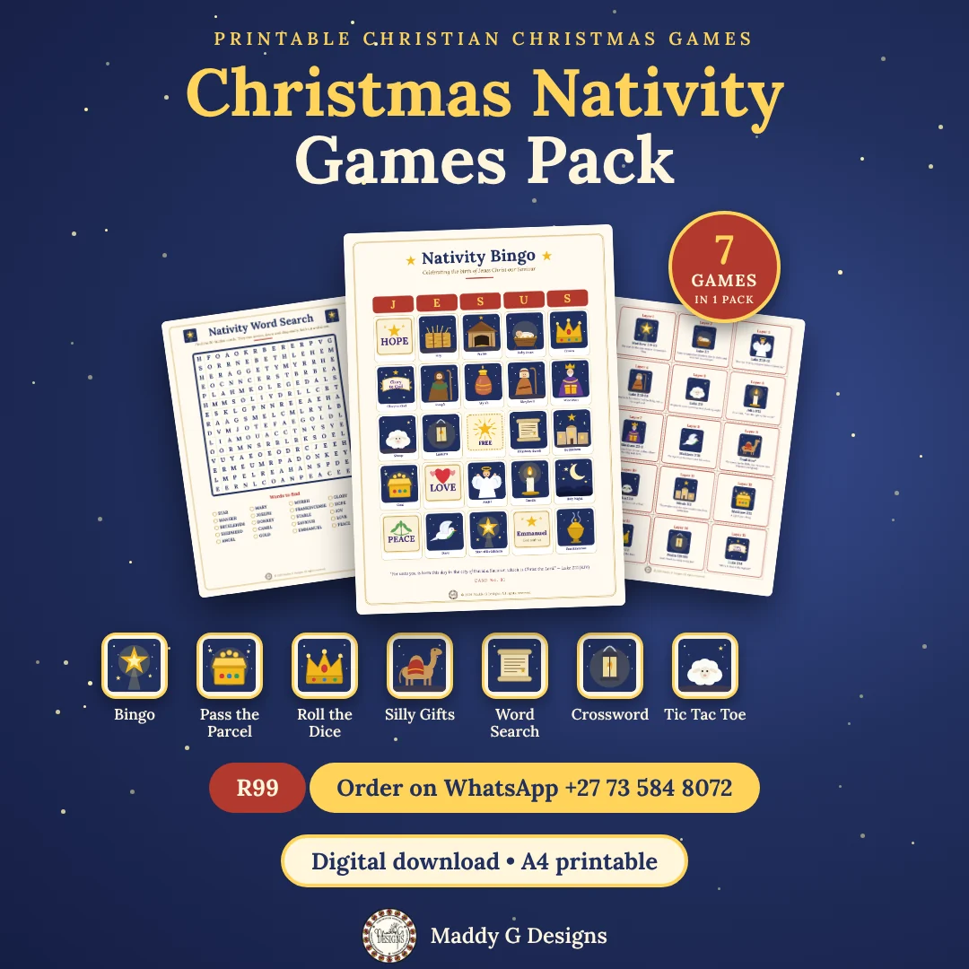 Christmas Nativity Games Pack cover showing the bingo, dice chart, word search and crossword pages