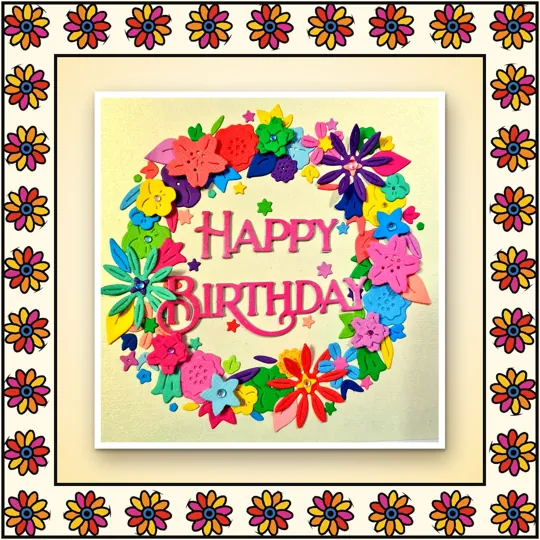 Handmade greeting card: Happy Birthday: flower wreath with button centres