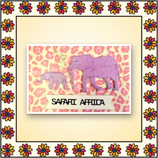 Handmade greeting card: Safari Africa: elephant and calf on leopard print