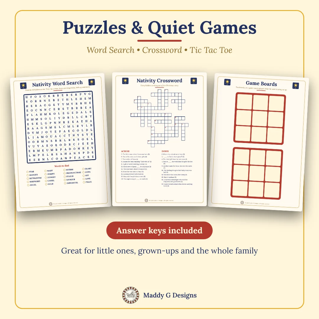 Nativity word search, crossword and tic tac toe pages
