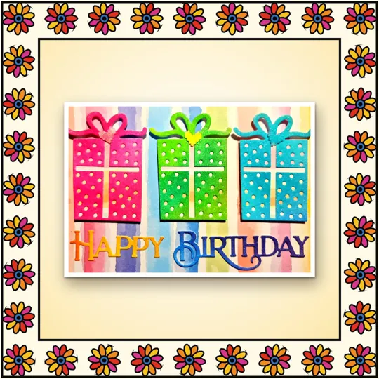 Handmade greeting card: Happy Birthday: three gift boxes