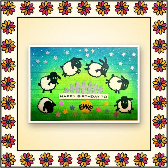 Handmade greeting card: Happy Birthday: sheep and stars