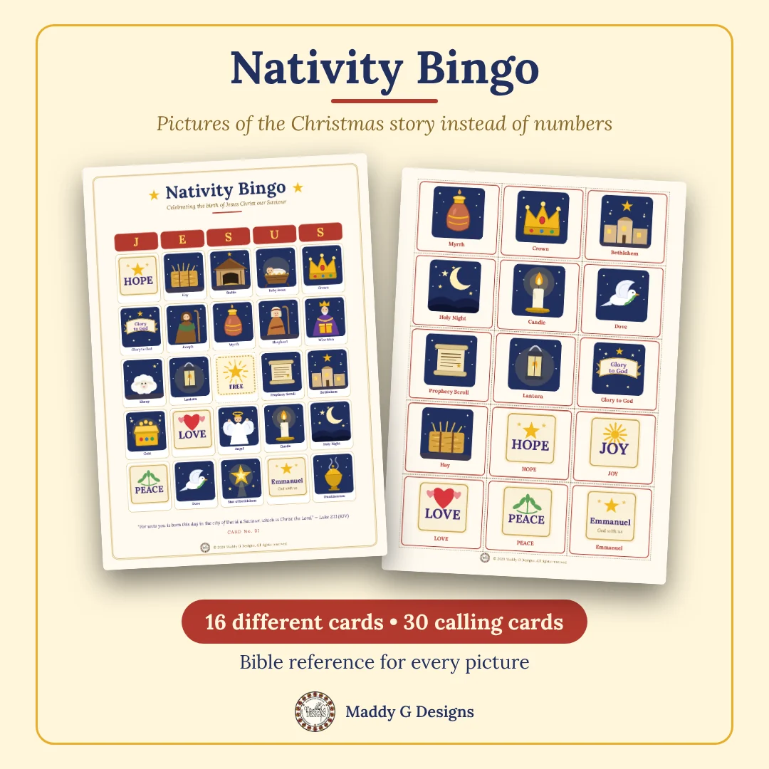 Nativity Bingo cards with pictures of the Christmas story